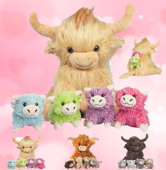 Valentines Day Stuffed Animals Plush Highland Cow Gifts for Kids - 5 Pcs Highland Cow Stuffed Animals with Babies Set 14" Mommy Scottish Stuffed Highland Cow Plush Toy with 4 Cute Baby Cows Doll