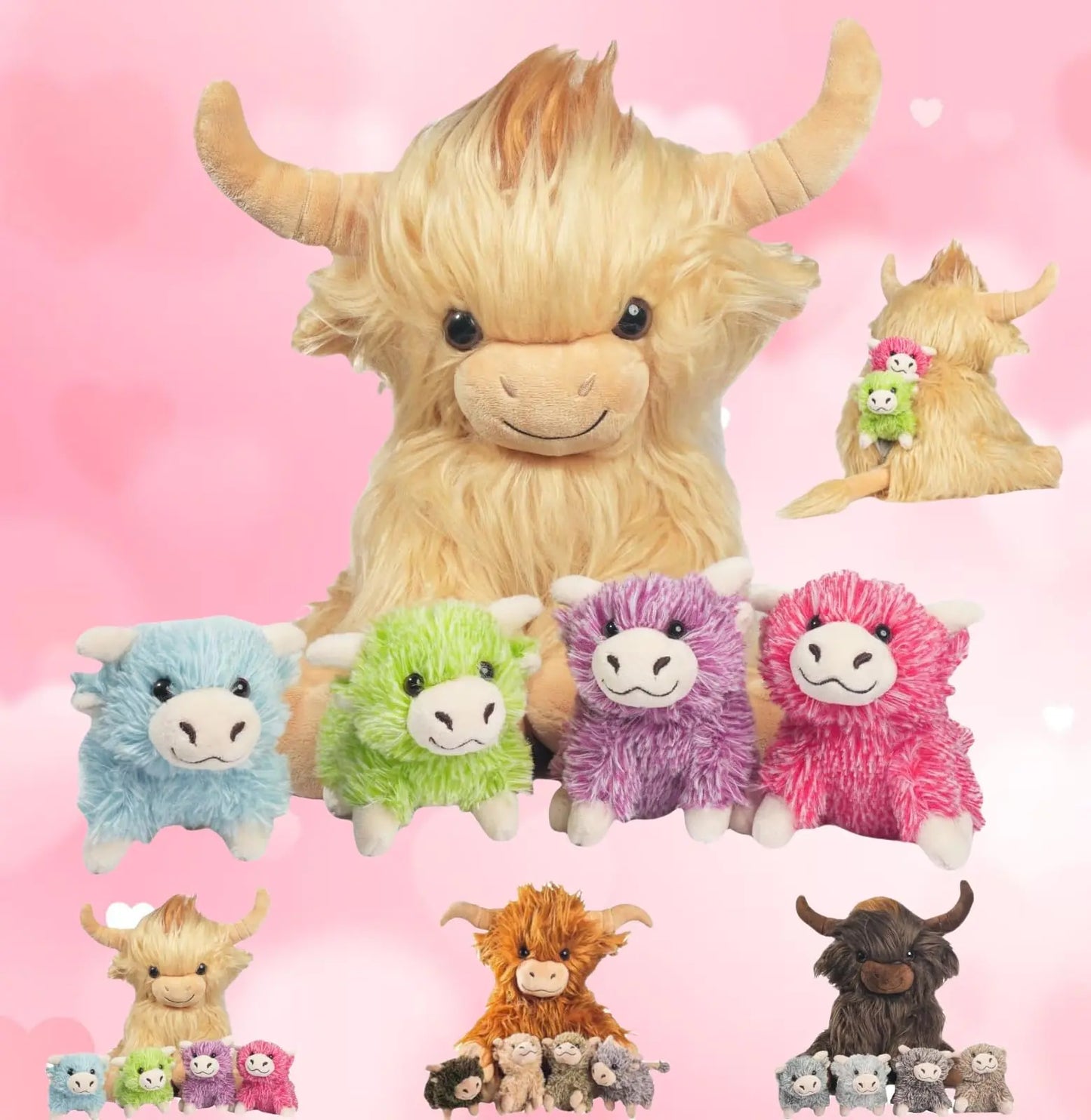 Valentines Day Stuffed Animals Plush Highland Cow Gifts for Kids - 5 Pcs Highland Cow Stuffed Animals with Babies Set 14" Mommy Scottish Stuffed Highland Cow Plush Toy with 4 Cute Baby Cows Doll
