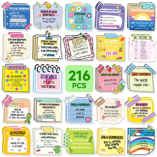 YTSQLER 216 Pcs Mental Health Awareness Stickers Reminder Decals Positive Affirmation Stickers for Adults Psychology Mindfulness Stickers for Journal Scrapbook Diary Planner Laptop