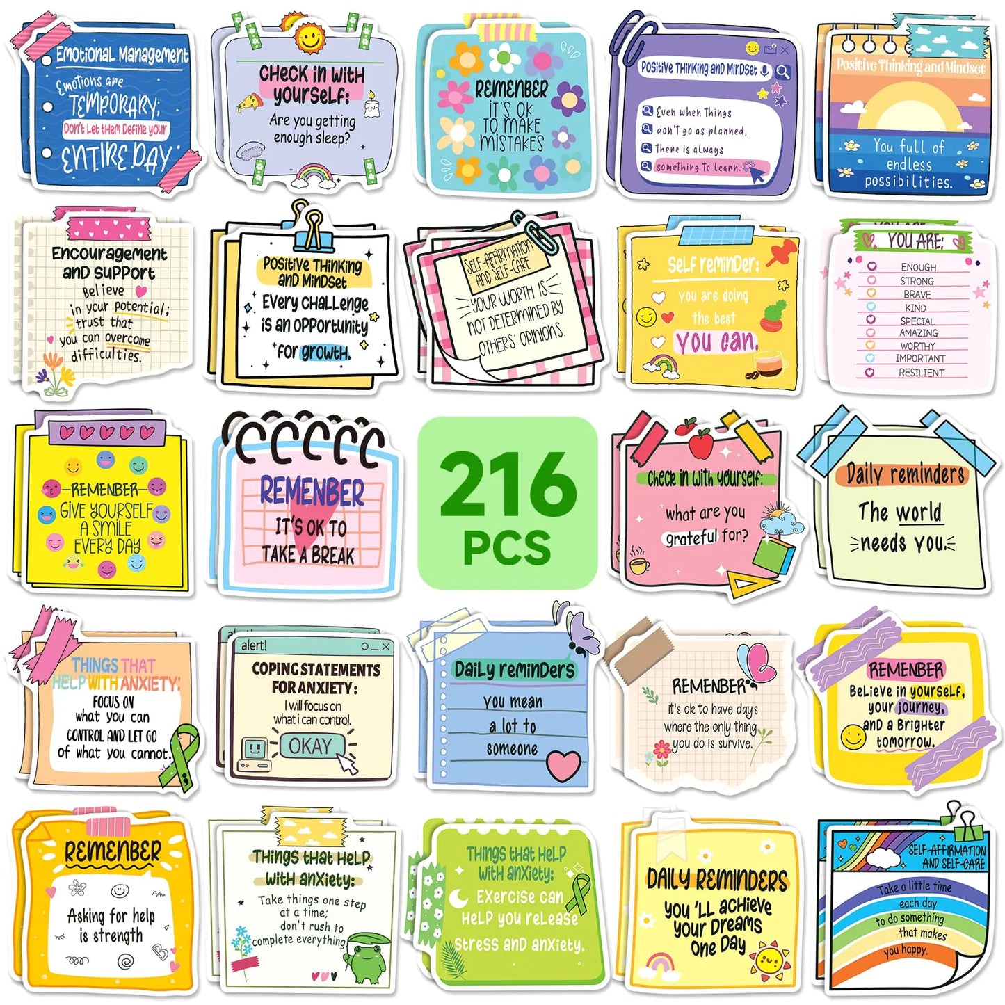 YTSQLER 216 Pcs Mental Health Awareness Stickers Reminder Decals Positive Affirmation Stickers for Adults Psychology Mindfulness Stickers for Journal Scrapbook Diary Planner Laptop